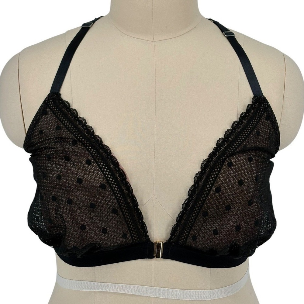 Cacique Bralette Black Polka Dot Mesh Lace Front Close Racerback 46DDD